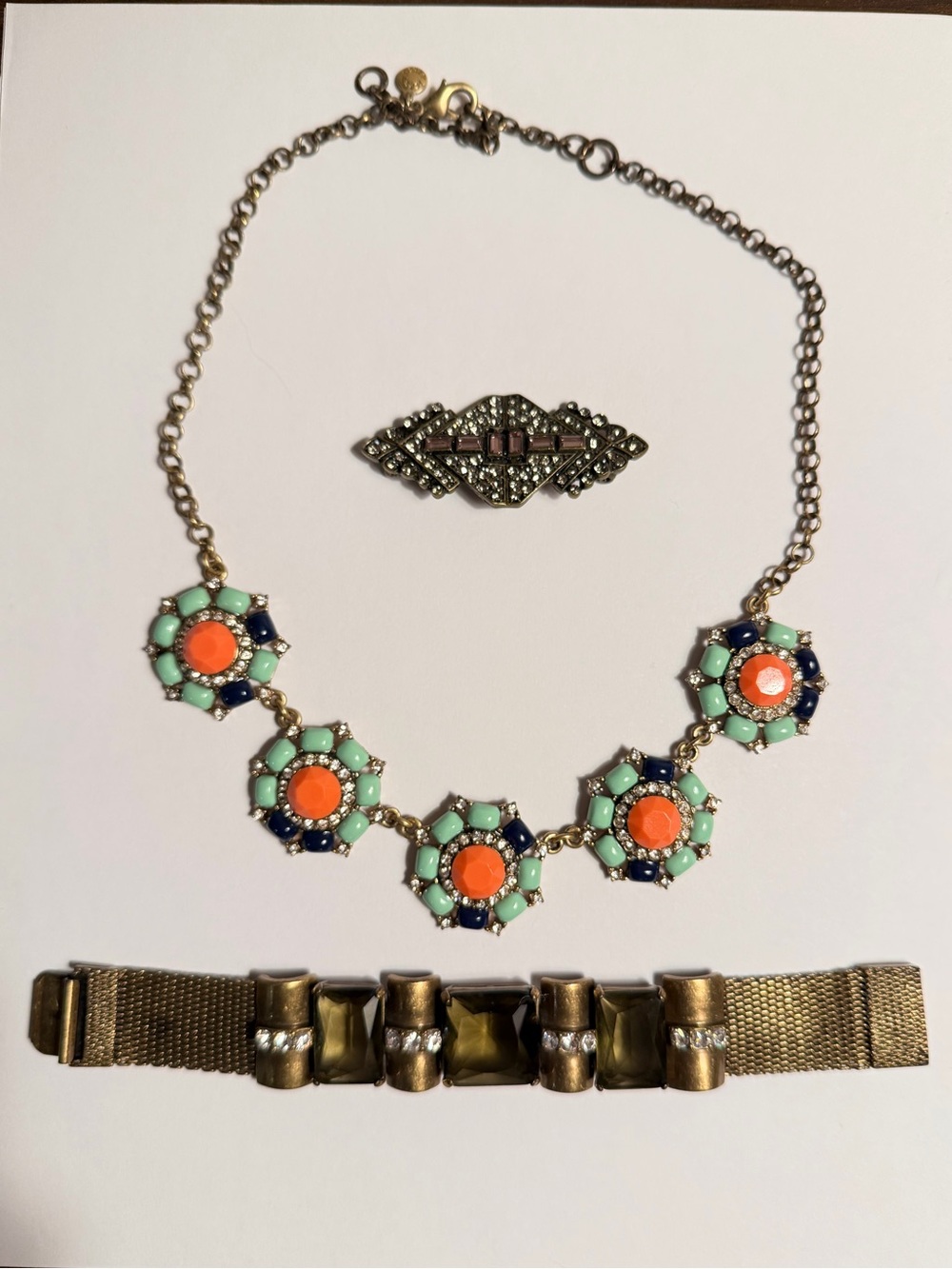 J.Crew Statement Jewelry w/ Floral Chunky Necklace Art Deco Brooch & Bracelet